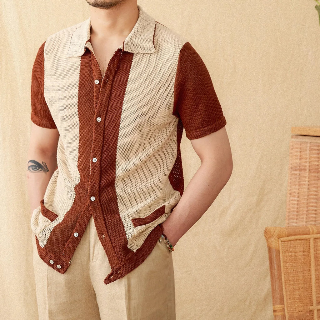 Women's beige lapel cardigan with short sleeves made from cotton and linen blend fabric