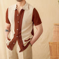 Women's beige lapel cardigan with short sleeves made from cotton and linen blend fabric