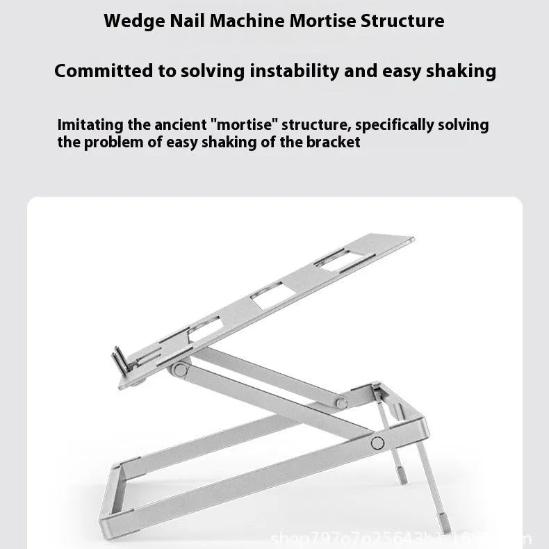 Silver aluminium alloy folding laptop cooling stand on a wooden desk.