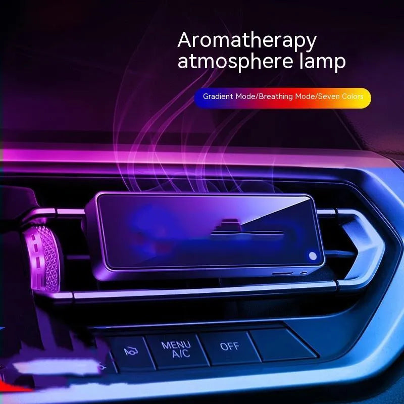 Black car air vent ambient light and perfume deodorizer with USB cable.