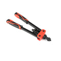 CQ14 14-inch alloy rivet nut gun with set of six M3 to M10 interchangeable tips on a workbench.
