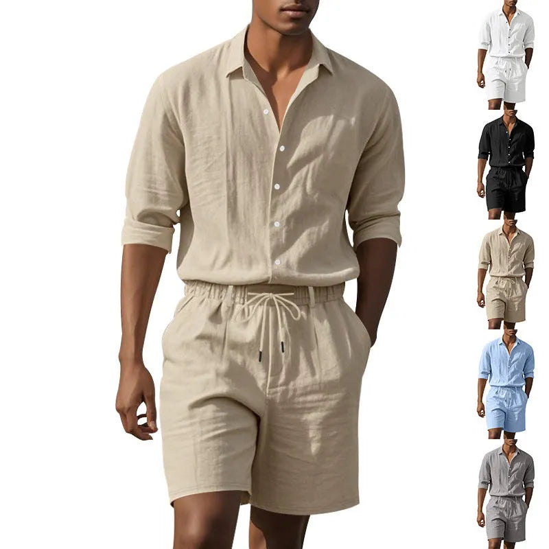 Linen casual long sleeve shirt and shorts beach set shown in one of five colour options.