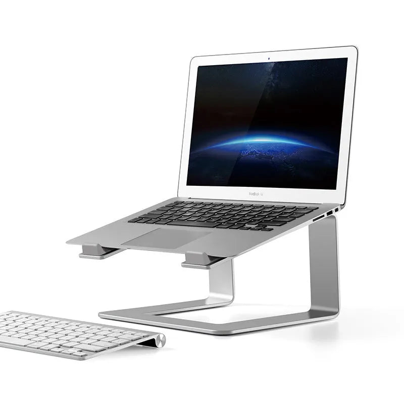 Black aluminium alloy laptop stand on desk with laptop elevated