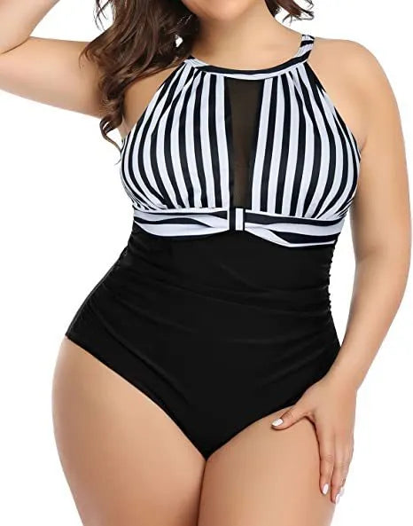 Women's lace detailed one-piece swimsuit in black, stripes, or red flower pattern