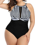 Women's lace detailed one-piece swimsuit in black, stripes, or red flower pattern