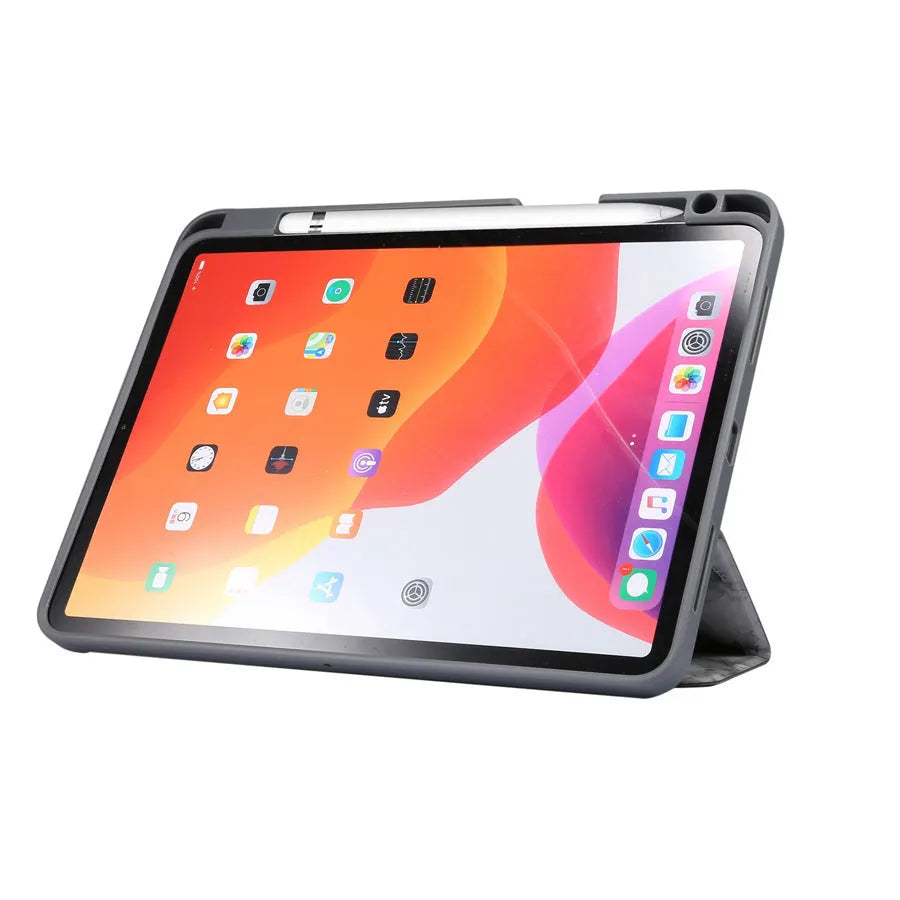 iPad imitation leather case with tri-fold marbling design showing integrated pen slot in dark gray colour