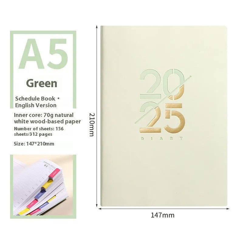 A5 daily planner notebook with faux leather cover open on a desk