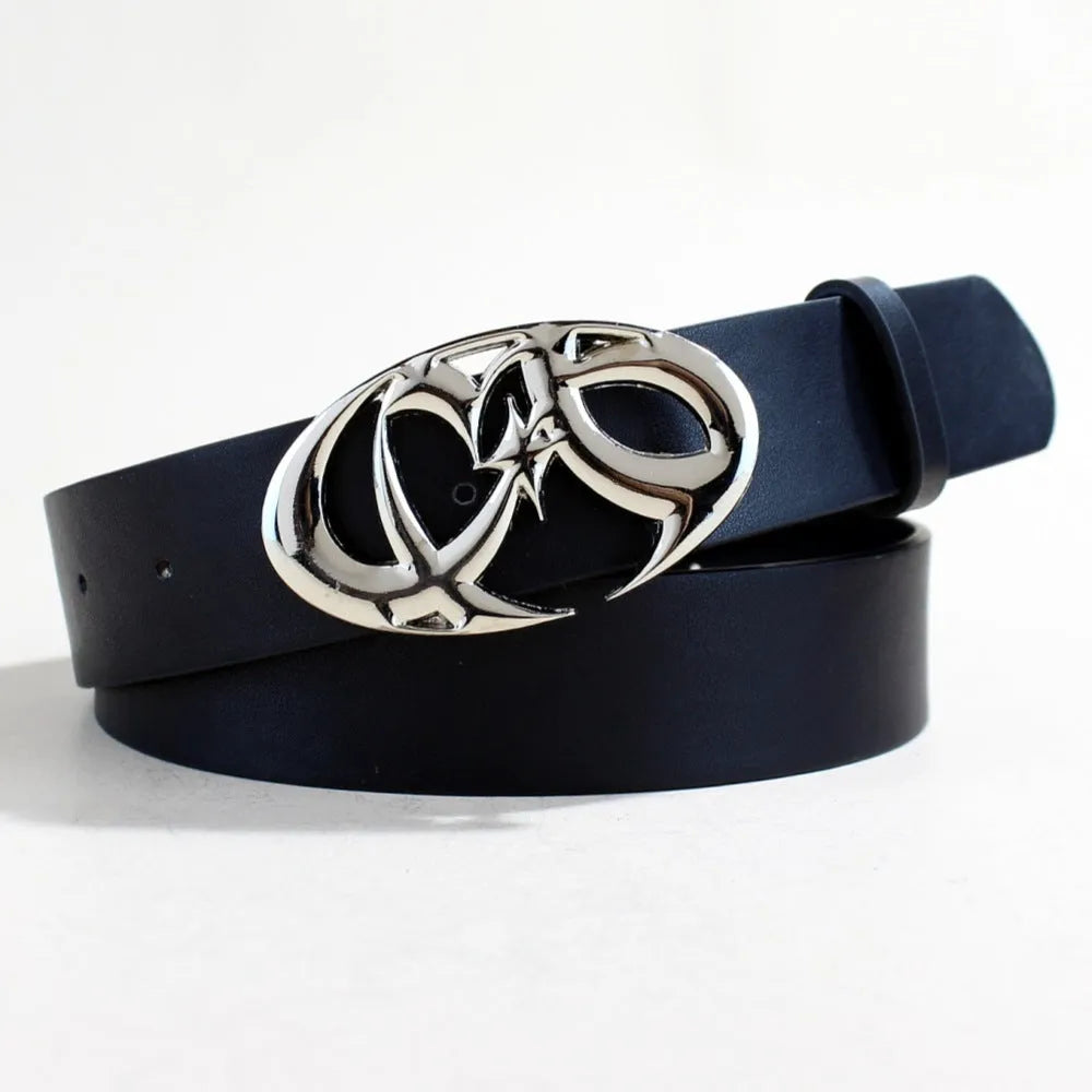 Silver buckle casual belt made from PU leather with snap button fastening, showing 105cm length