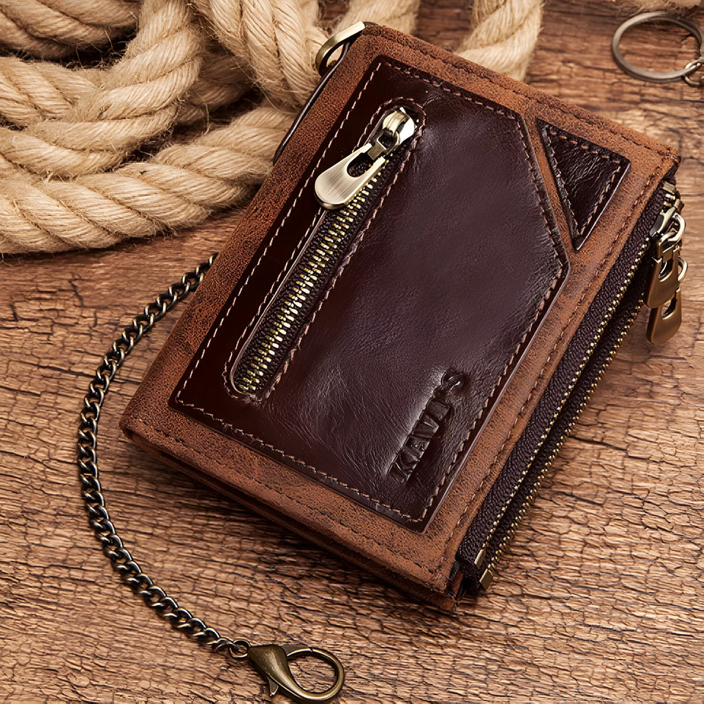 Dark brown genuine leather men's wallet with RFID anti-theft protection and chain detail