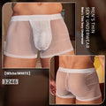 Men's black and white ultra-thin nylon boxer briefs showing free size label and breathable construction