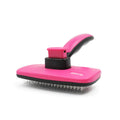 Pet self-cleaning comb with stainless steel teeth and rose red ergonomic handle for dog cat grooming