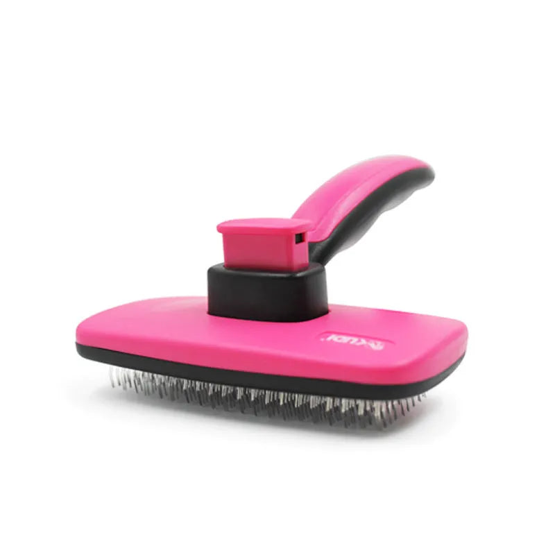 Pet self-cleaning comb with stainless steel teeth and rose red ergonomic handle for dog cat grooming