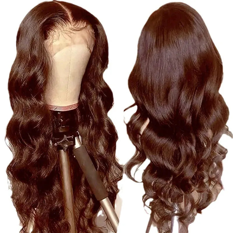 Women's dark brown long curly front lace wig with side bangs on a mannequin head.
