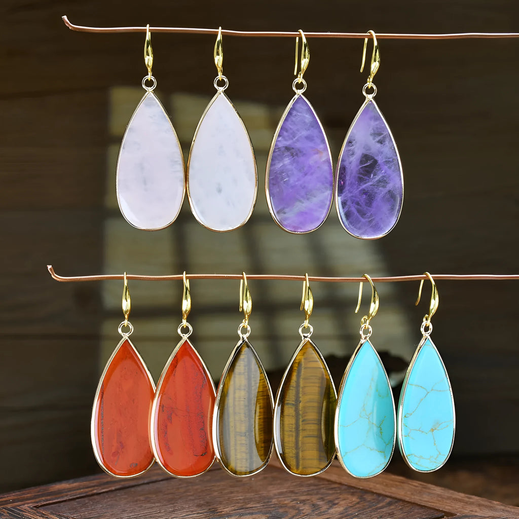 Vintage tigereye stone drop earrings with long water droplet design in five natural stone colour options