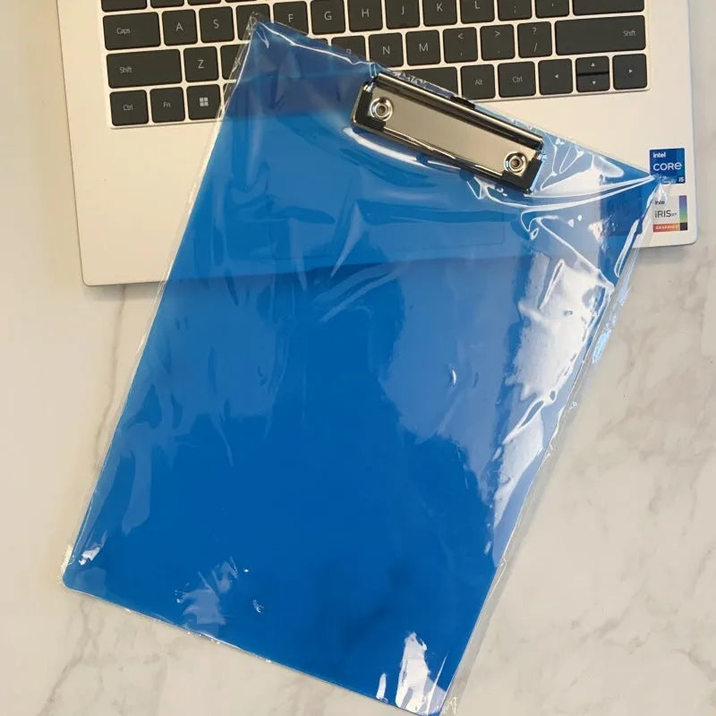 Transparent A4 writing board pad with metal clip holding documents, available in blue, green, red, and white colours