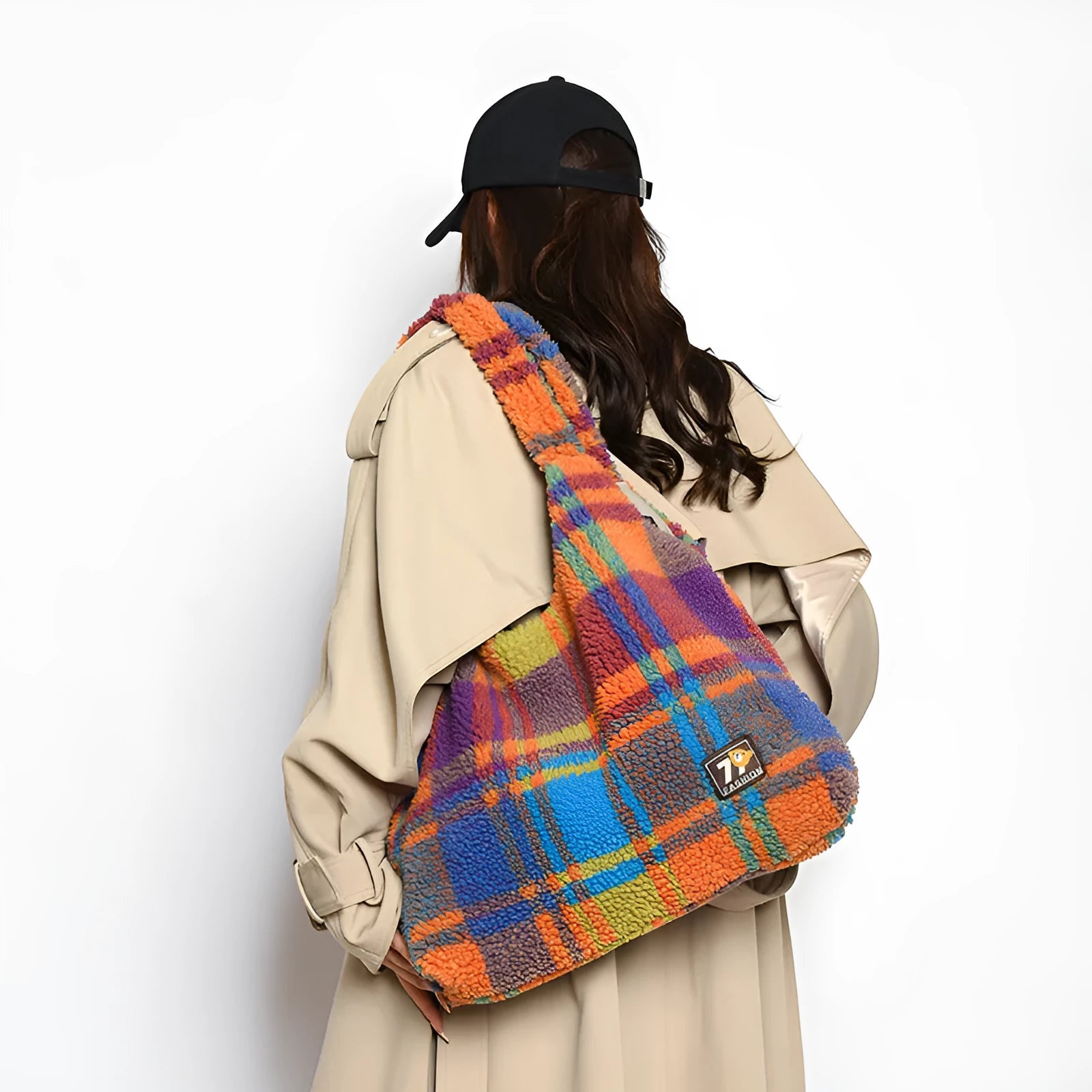 Women's plaid plush crossbody tote bag in army green, orange, or purple with interior organisation pockets