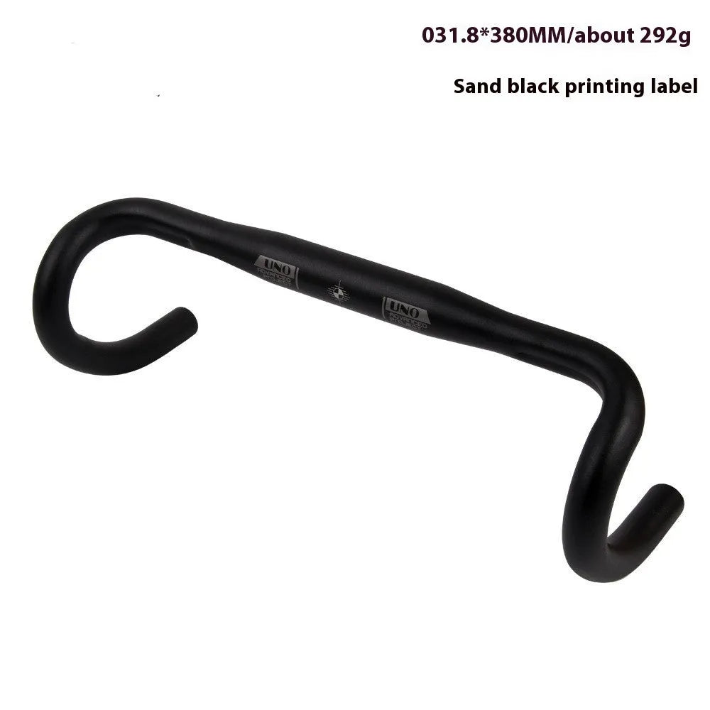 Black aluminium alloy road bike drop handlebar with printed width markings showing 31.8mm clamp diameter