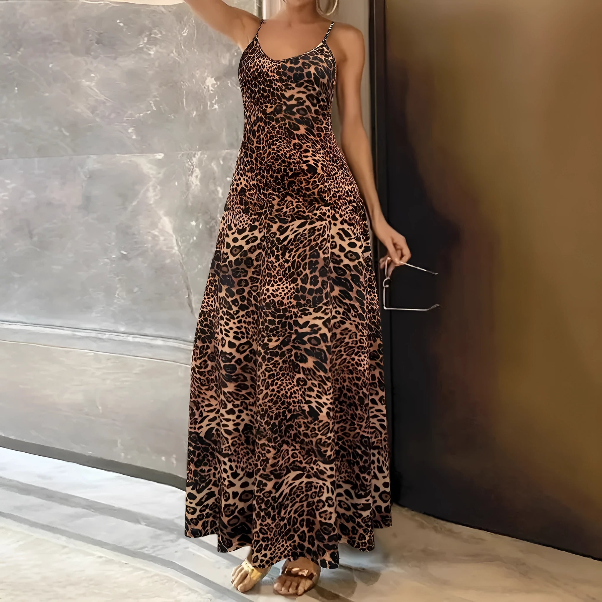 Women's dark brown leopard print dress with sleeveless round neck and long hip skirt