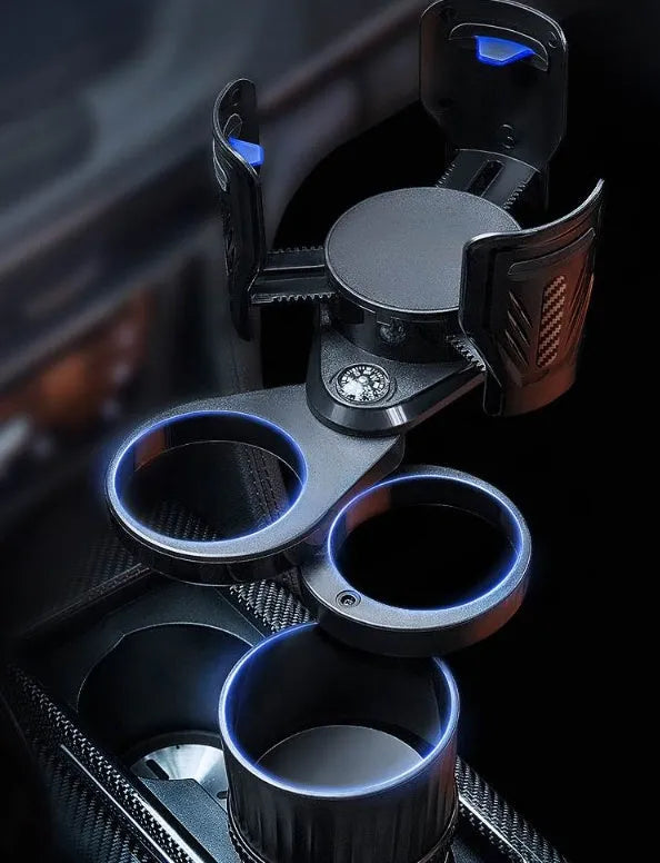 Black carbon fibre adjustable car cup holder with retractable base on a 6.5-10 cm range.
