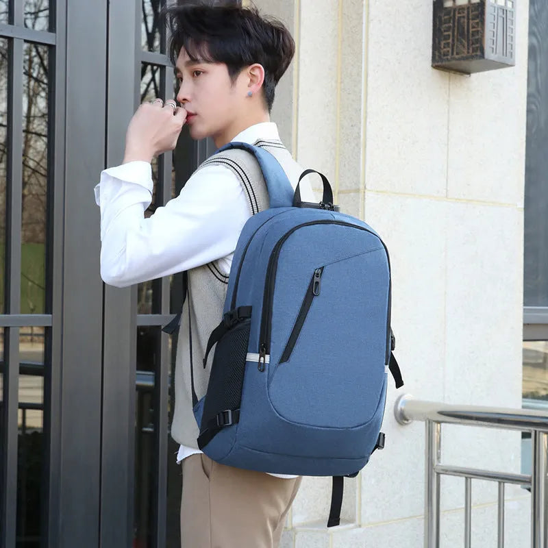 Street trend style computer backpack in Oxford cloth, shown in blue, with dimensions 50cm by 19cm by 31cm.