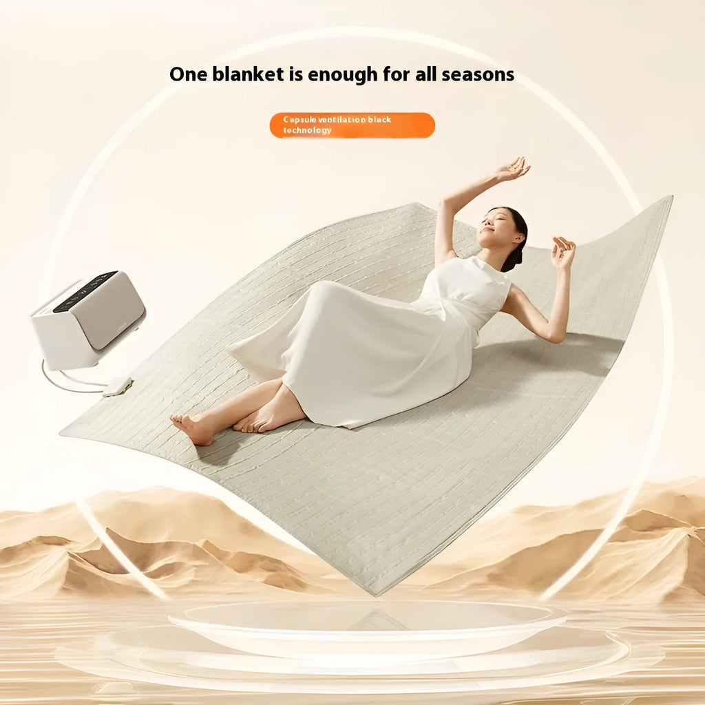 White plush electric water blanket with smart host control unit, shown in two size options.