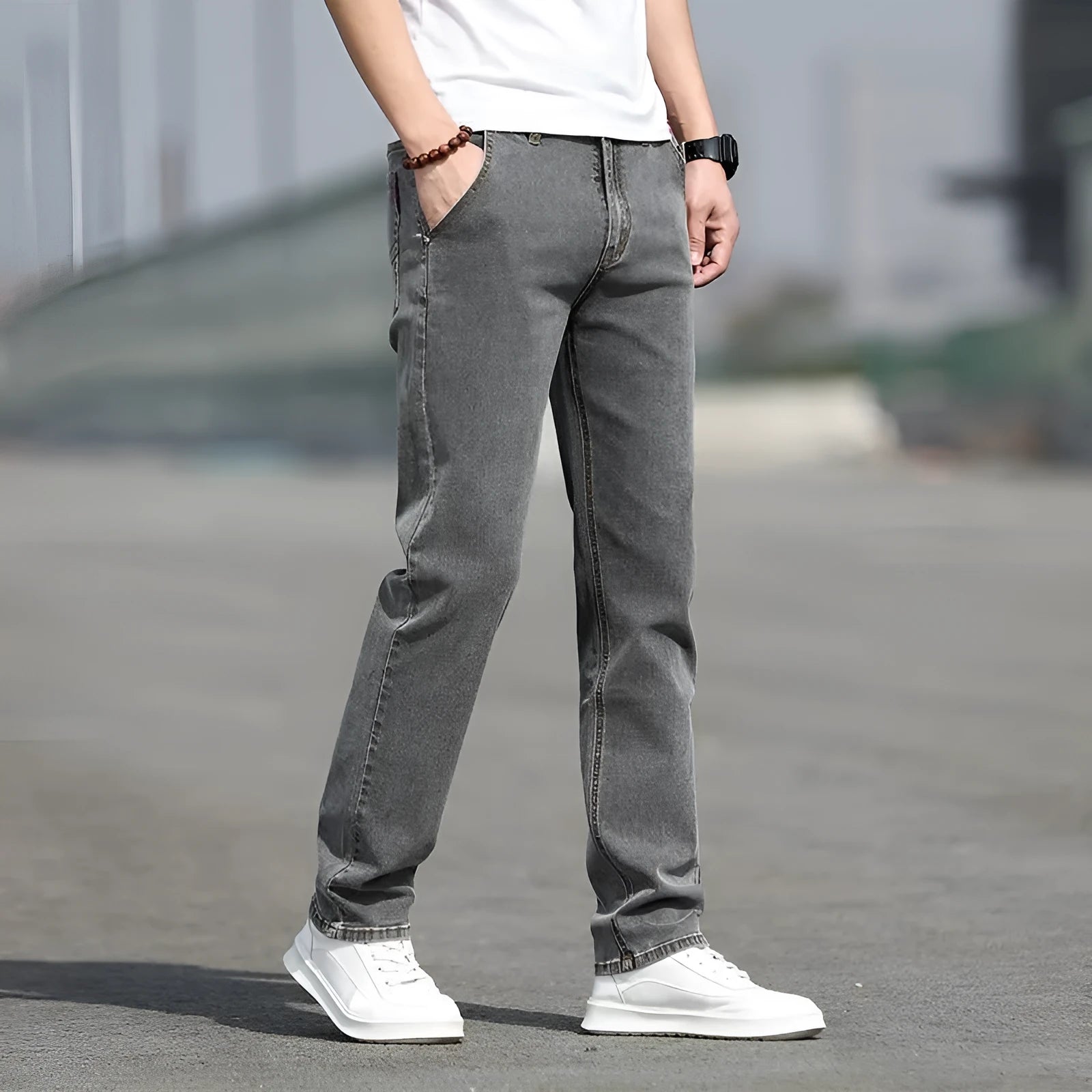 Men's autumn smoky grey straight leg jeans with high elasticity and low waist design