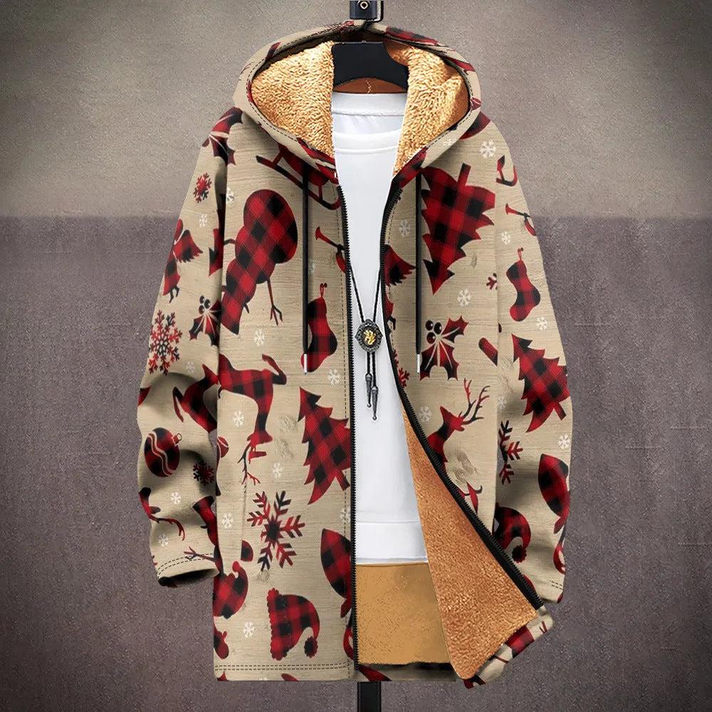 Man wearing a loose-fit zip-up hooded cardigan with a multicolour digital print pattern.
