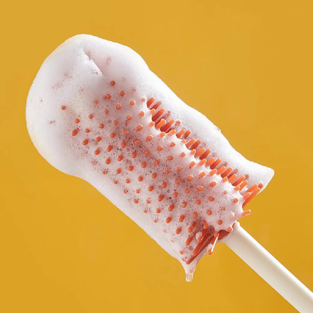 Three multifunctional cleaning brushes in a matching base, amber yellow colour, with PP handles and silicone bristles