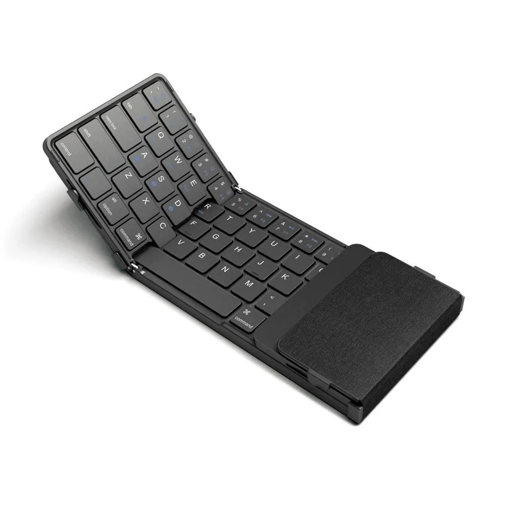 Black folding Bluetooth keyboard for mobile phones and tablets, shown both open and closed.