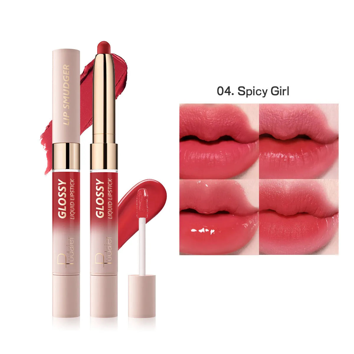 Double-headed lipstick lip gloss in matte finish showing ten colour options with moisturising formula