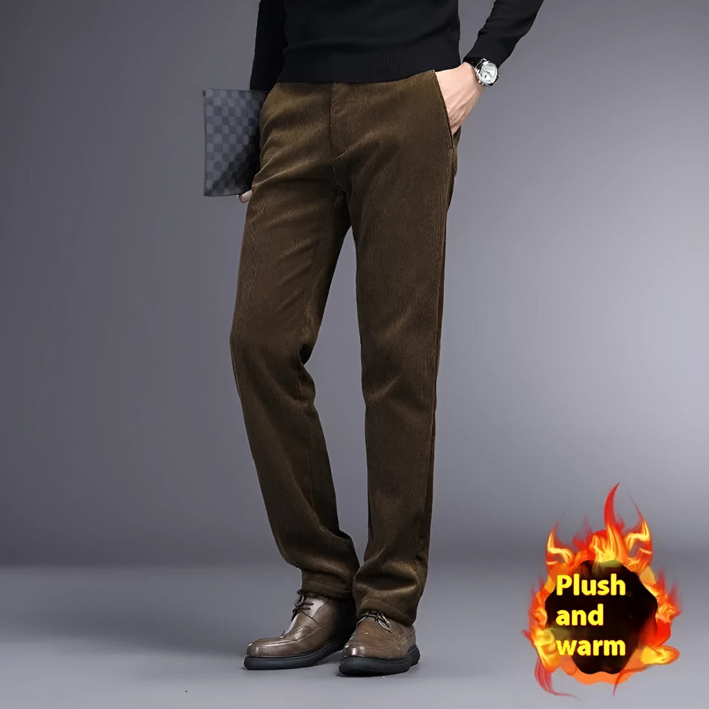 British retro striped straight leg trousers in a chemical fibre blend, shown in khaki colour.