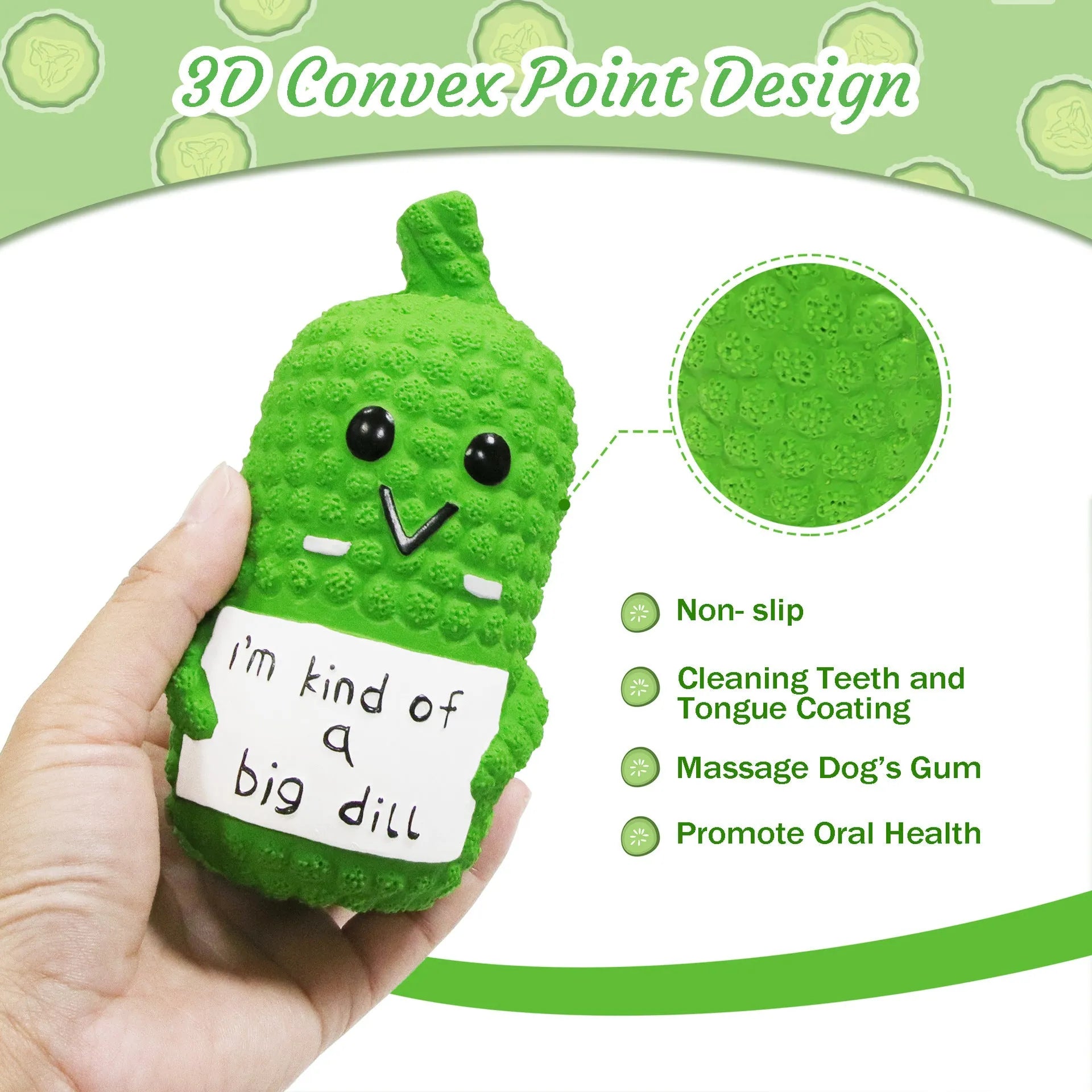 Green pickle-shaped squeaky dog toy with textured surface for dental cleaning during chewing