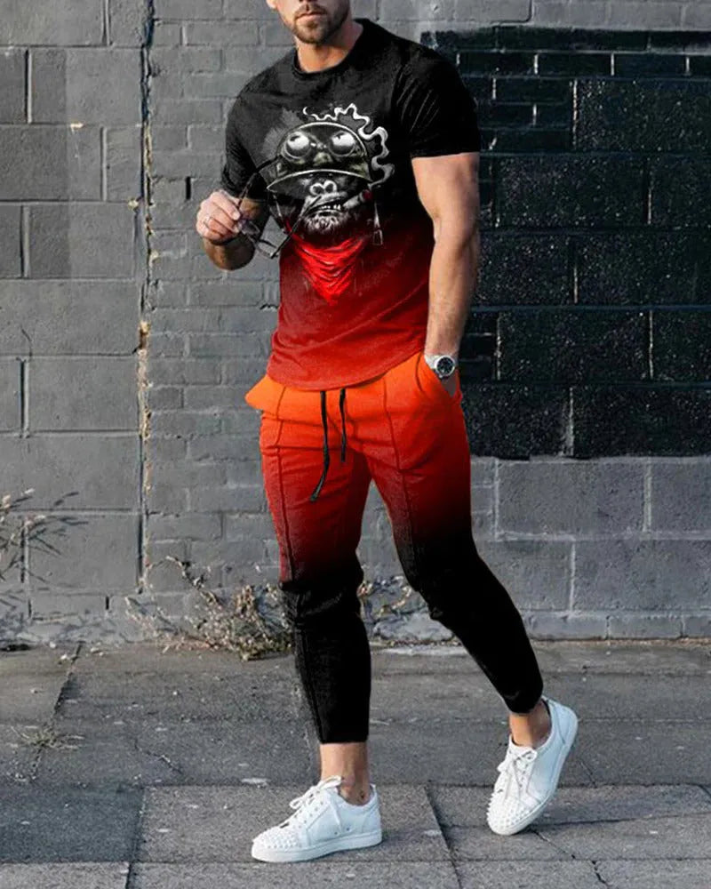 Men's short-sleeve polyester suit set showing T-shirt and trousers in printed colours