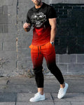 Men's short-sleeve polyester suit set showing T-shirt and trousers in printed colours