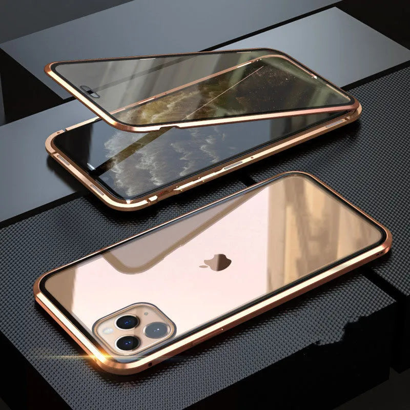 Geometric patterned glass clamshell privacy case for iPhone on a table.