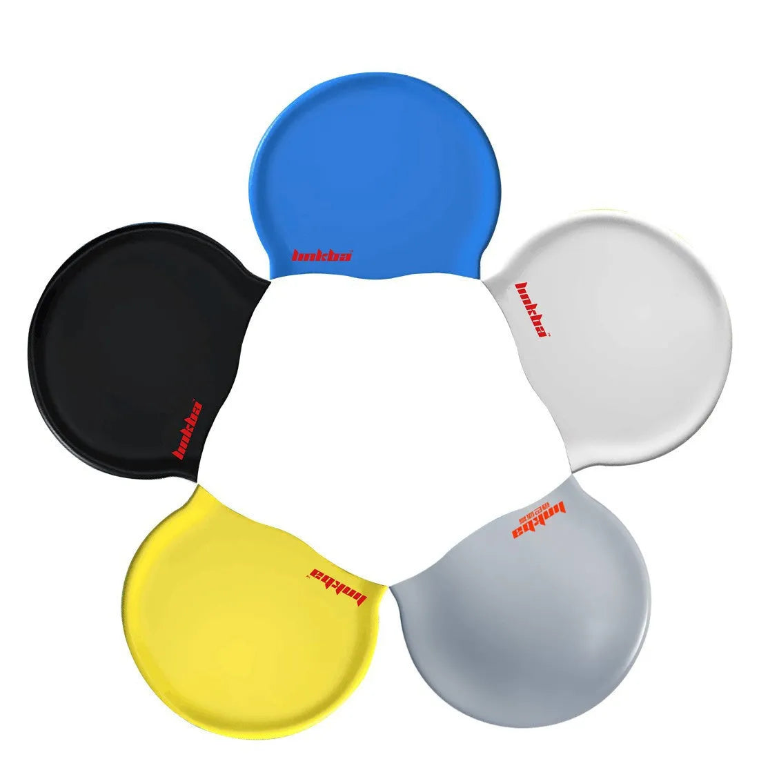 Silicone swimming cap covering ears in blue colour with white letter pattern