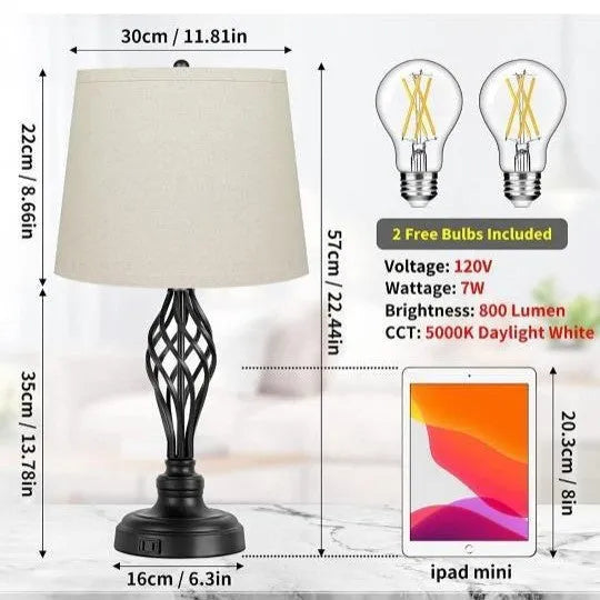 European style alloy metal bedside lamp with touch controls and USB charging socket