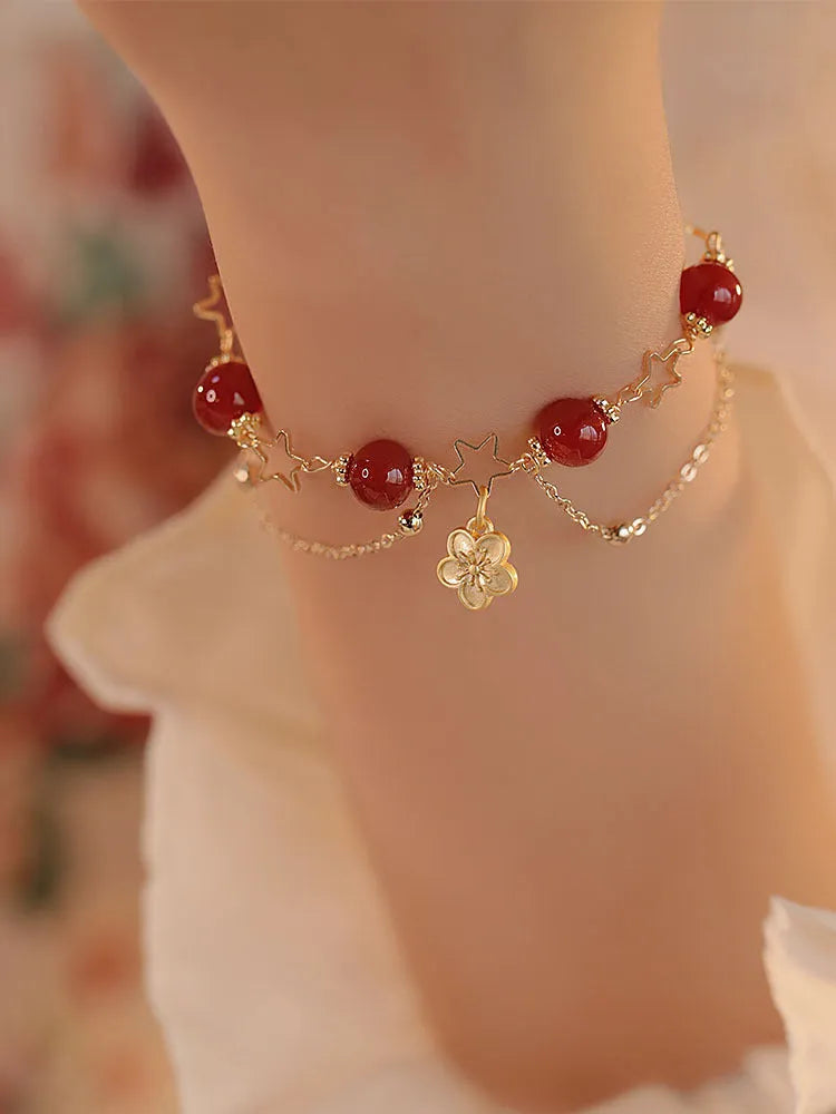 Handmade red agate double layer bracelet with floral and peach blossom ethnic design for women
