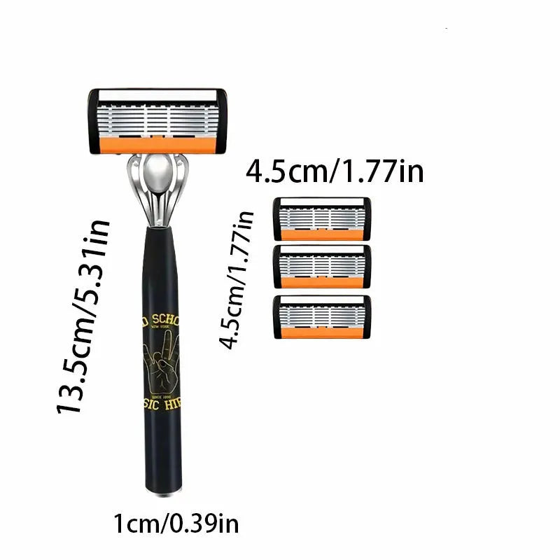 Black manual shaver handle with six-layer replacement blades for beard grooming tools