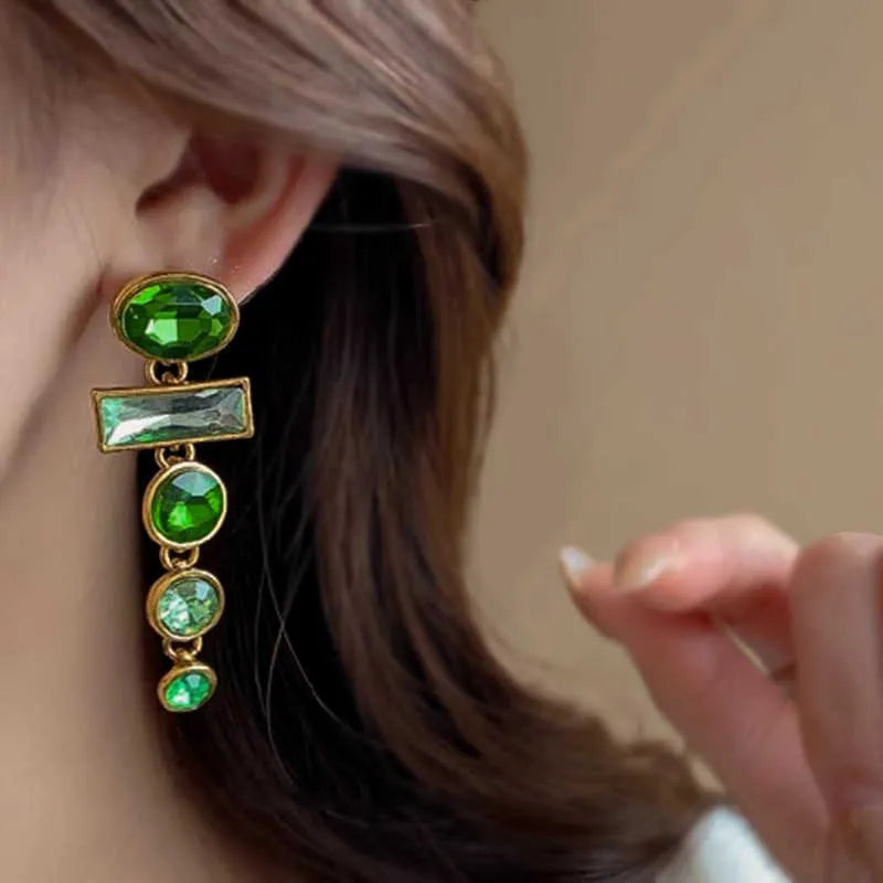 Green gradient geometric alloy earrings with tassel design and inlaid zircon detailing