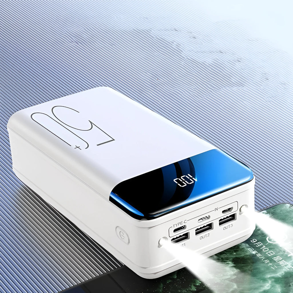 Large capacity 50000mAh power bank in black plastic case with three USB output ports