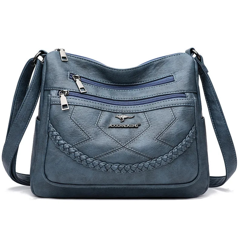 Soft PU leather women's crossbody shoulder bag in horizontal square shape with zippered pockets