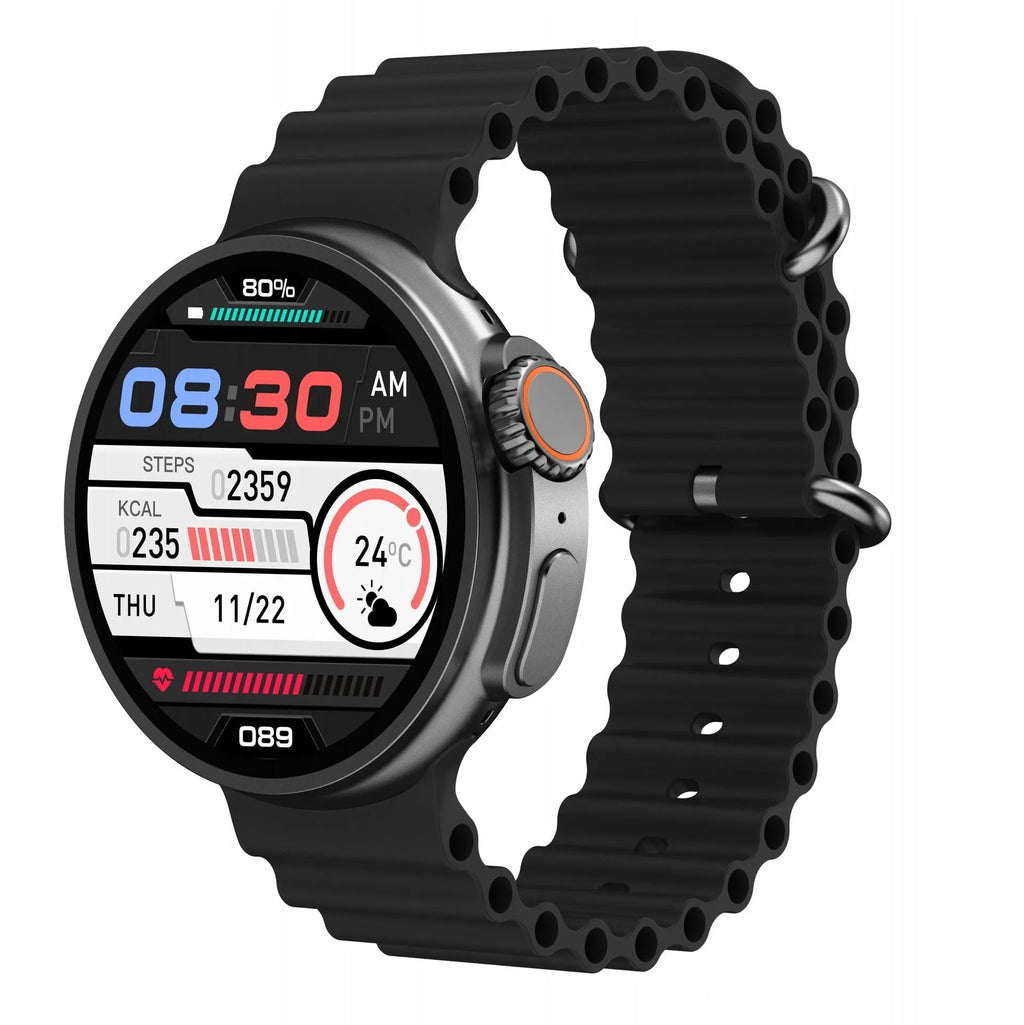 K9 smart watch with round screen and silicone strap shown on wrist