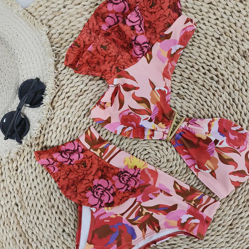Women's pink floral print one-shoulder ruffled bikini with high-waist briefs
