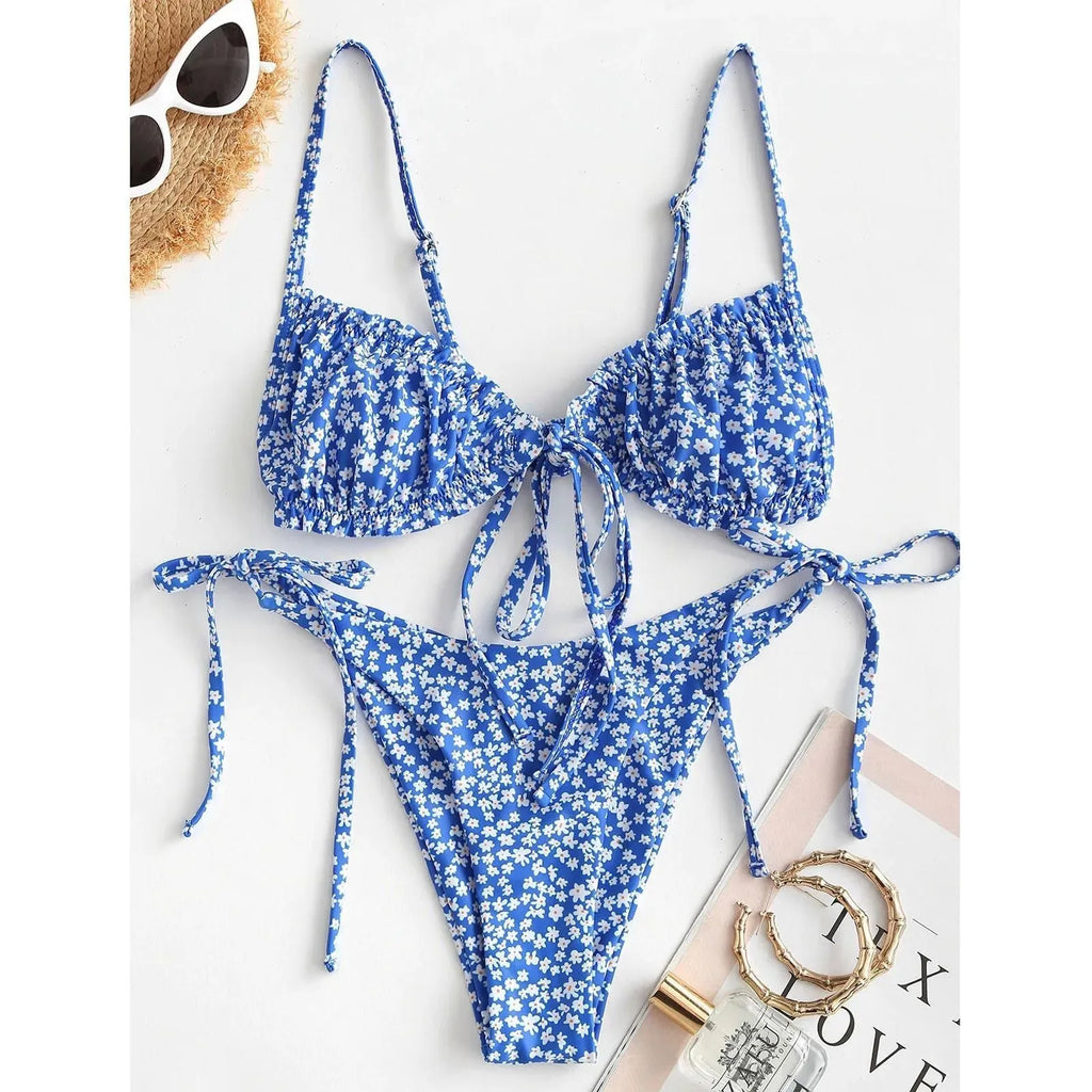 Printed multi-rope banded bikini women's swimsuit in blue with short sleeves and lapel collar