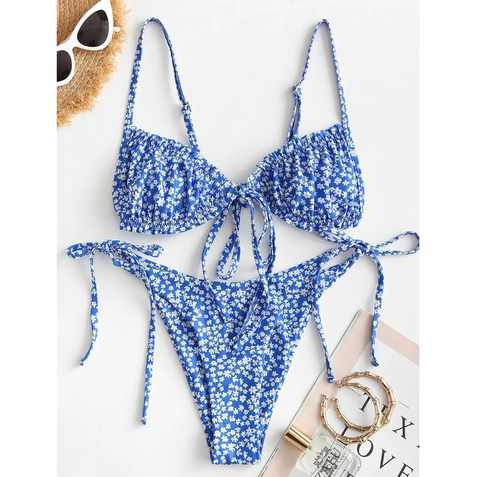 Printed multi-rope banded bikini women's swimsuit in blue with short sleeves and lapel collar
