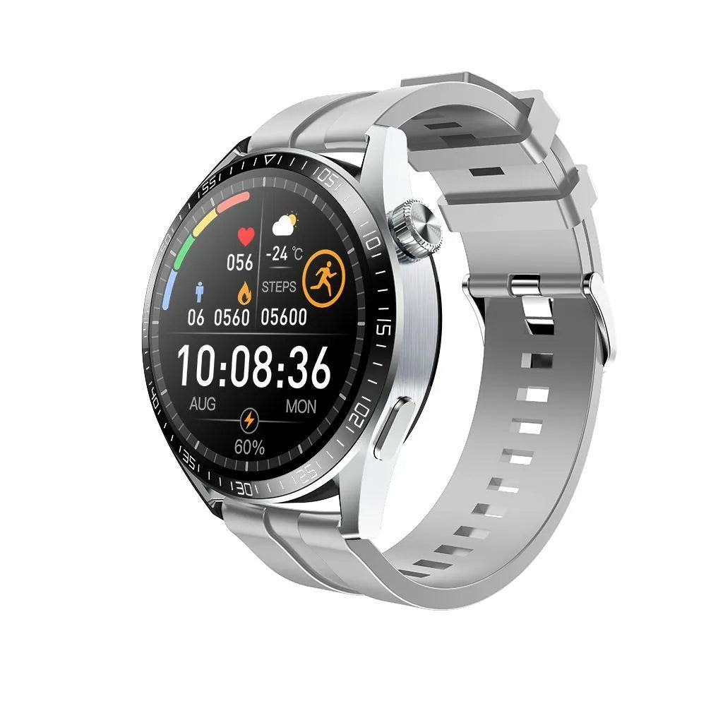Black GS3 Max smartwatch with silicone strap on a wrist, showing a home screen with health stats.