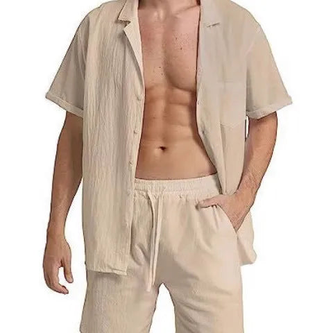 Men's flax linen short-sleeved top and matching shorts suit laid flat, shown in army green colour.