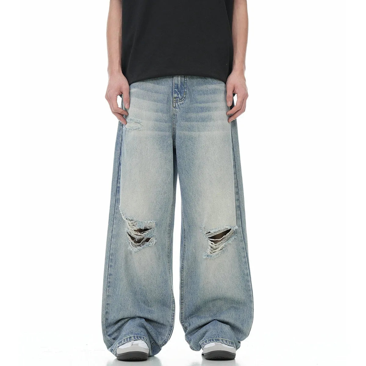 Blue straight-leg men's jeans with a zip fly, shown laid flat.