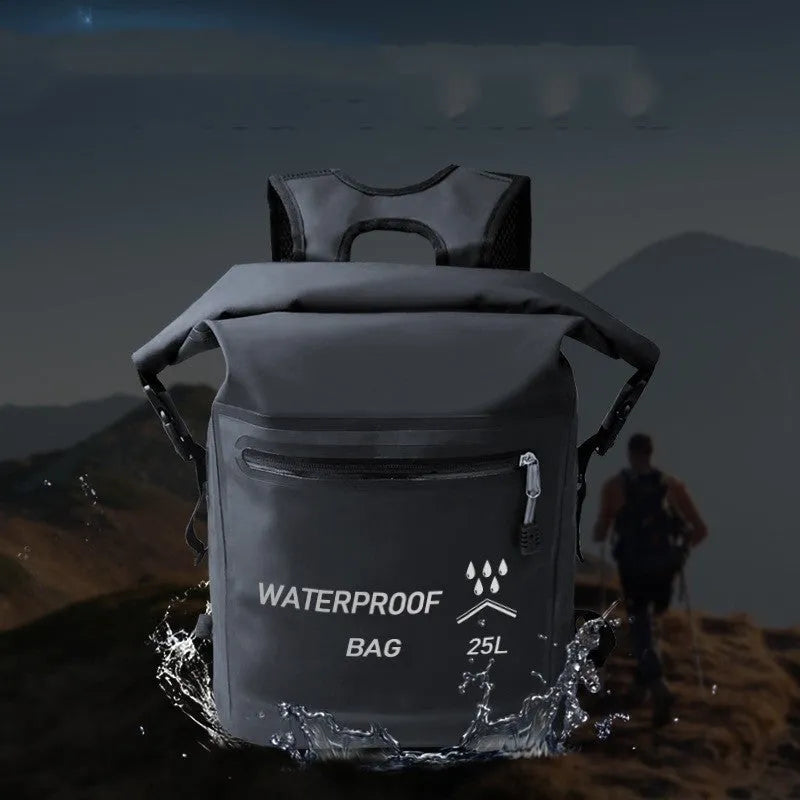 Black waterproof backpack dry bag with 25 litre capacity for water sports